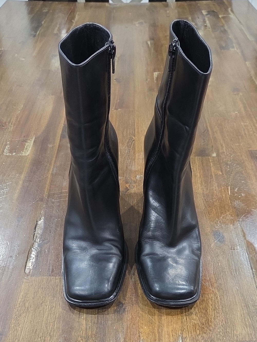 Via Spiga Black Square-Toe Mid-Calf Leather Zip Heeled Boots